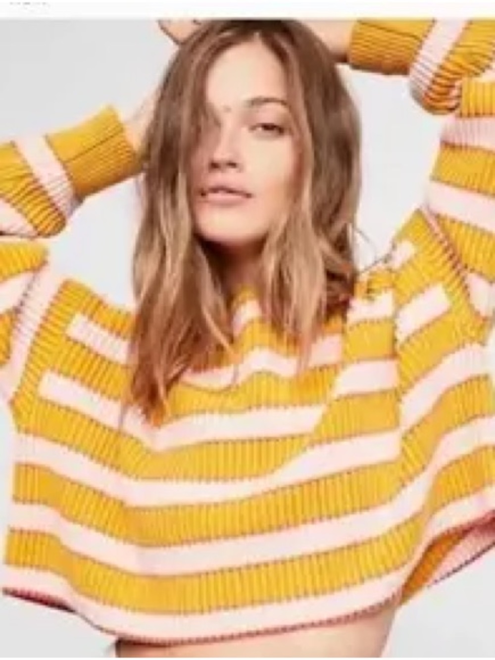 Free People Striped Cropped Crew Sweater in Yellow & Pink